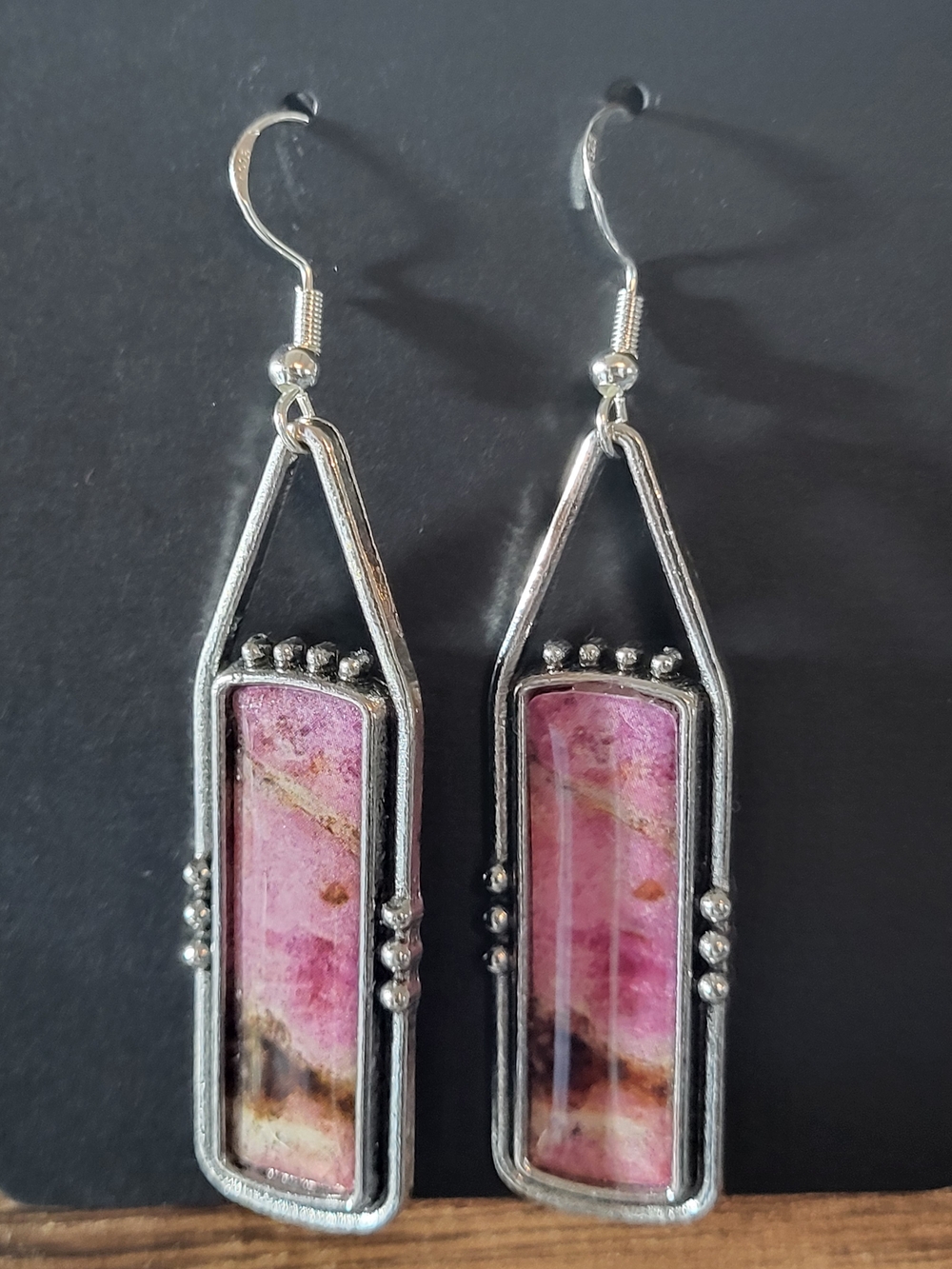 Pink Rhodonite Style Rectangle Drop Earrings- Fashion Jewelry - Picture 6 of 7